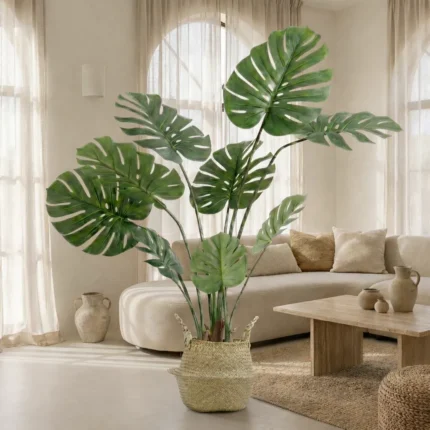Monstera Artificial, Cesto Mimbre, Planta Artificial