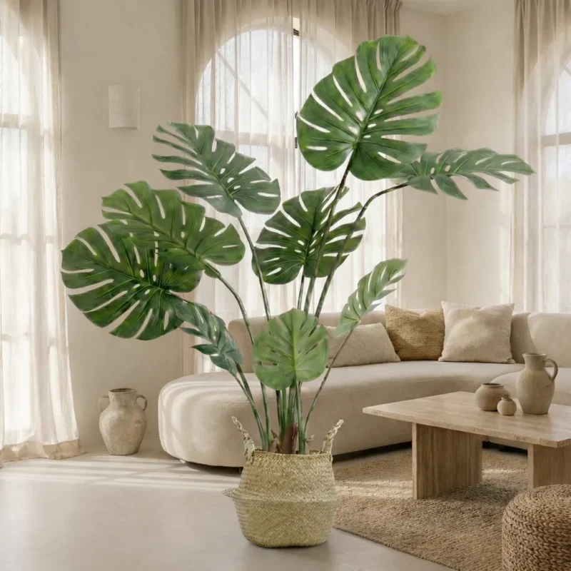 Monstera Artificial, Cesto Mimbre, Planta Artificial