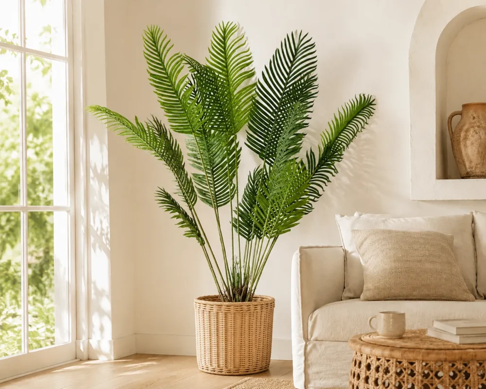 palmera areca artificial decoración salón moderno