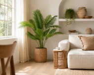 decoración tropical palmera areca artificial maceta ratan madera