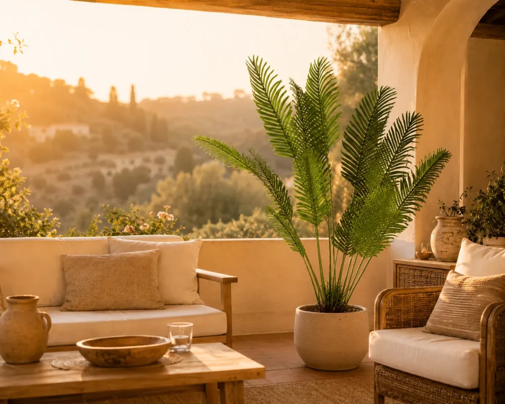 palmera areca artificial terraza cubierta exterior muebles rattan